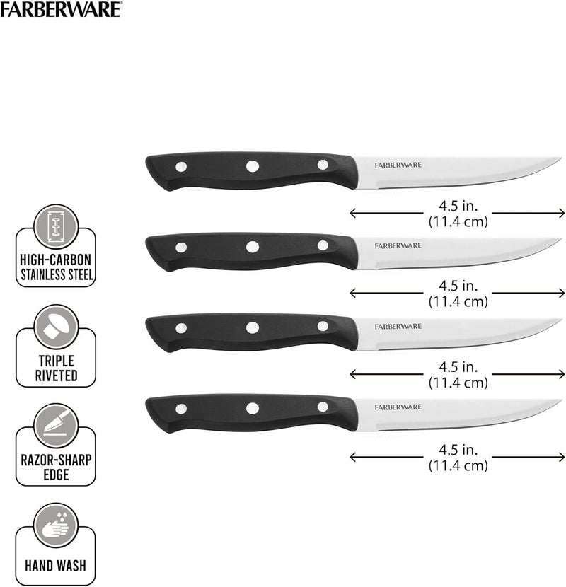 Farberware Triple-Riveted 4-Piece Steak Knife Set, High-Carbon Stainless Steel, Razor-Sharp Knives, Kitchen Knives, Set of 4, Black - Image 3