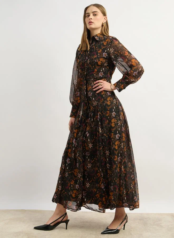 Styli Styli Floral Print Long Sleeves Shirt Maxi Dress