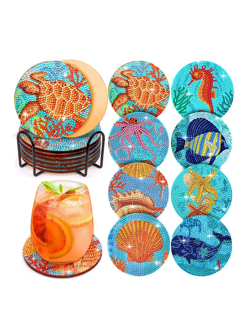 شو وو Diamond Painting Coasters Kit, 8Pcs 5D Ocean Art Kits Adults Kids, Sea Coasters, Holder for Beach House Decor - Image 1