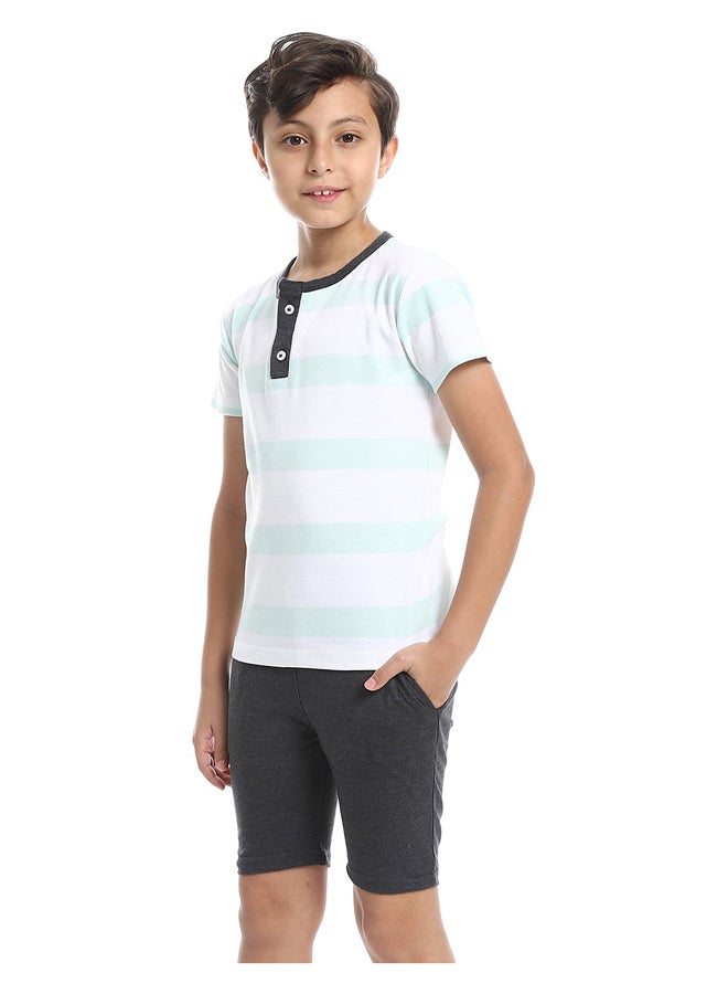 Andora White, Mint & Charcoal Henley Neck Wide Strips Pajama - Image 1