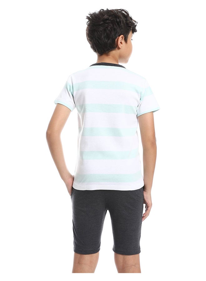 Andora White, Mint & Charcoal Henley Neck Wide Strips Pajama - Image 2