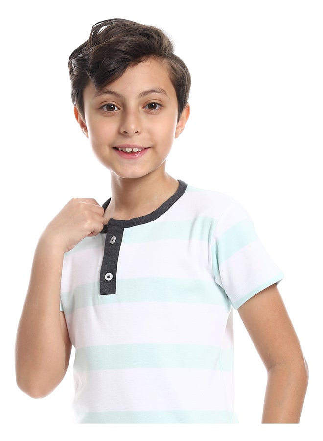 Andora White, Mint & Charcoal Henley Neck Wide Strips Pajama - Image 4