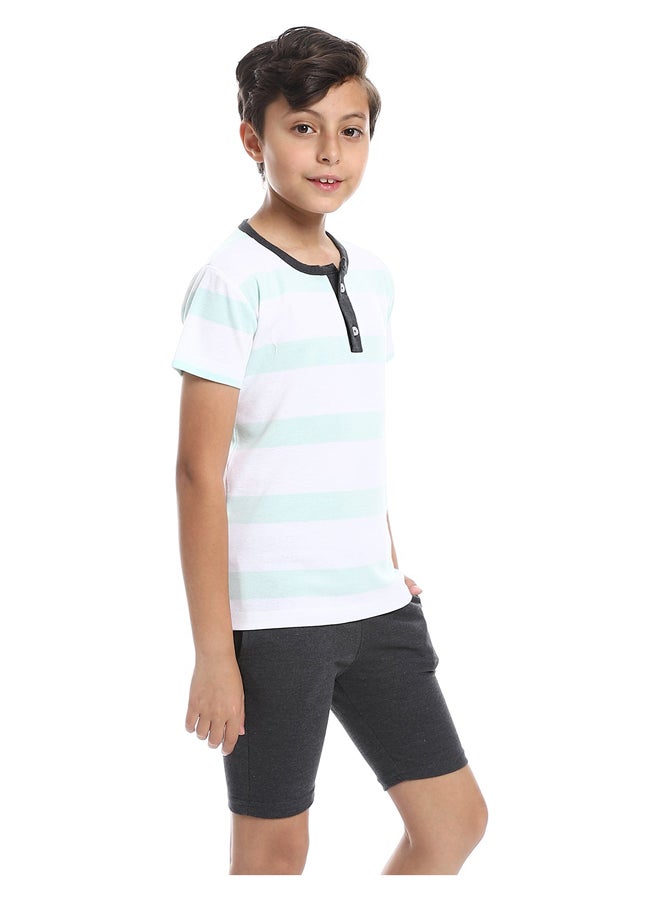 Andora White, Mint & Charcoal Henley Neck Wide Strips Pajama - Image 3