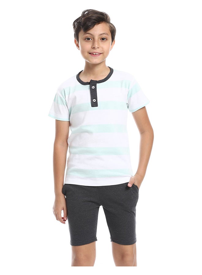 Andora White, Mint & Charcoal Henley Neck Wide Strips Pajama - Image 5