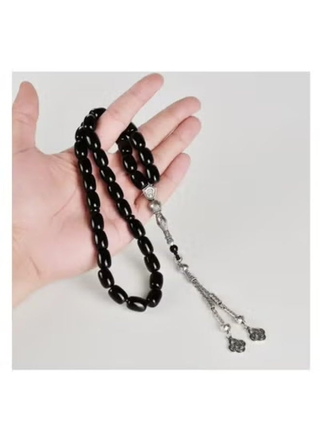 هلالفل سبحة هلالفل بحجر العقيق الأسود الطبيعي | سبحة للذكر والصلاة للكبار | هدية إسلامية مثالية لرمضان والعيد والزفاف والمناسبات | 33 حبة - Image 3