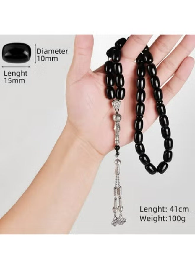 هلالفل سبحة هلالفل بحجر العقيق الأسود الطبيعي | سبحة للذكر والصلاة للكبار | هدية إسلامية مثالية لرمضان والعيد والزفاف والمناسبات | 33 حبة - Image 2