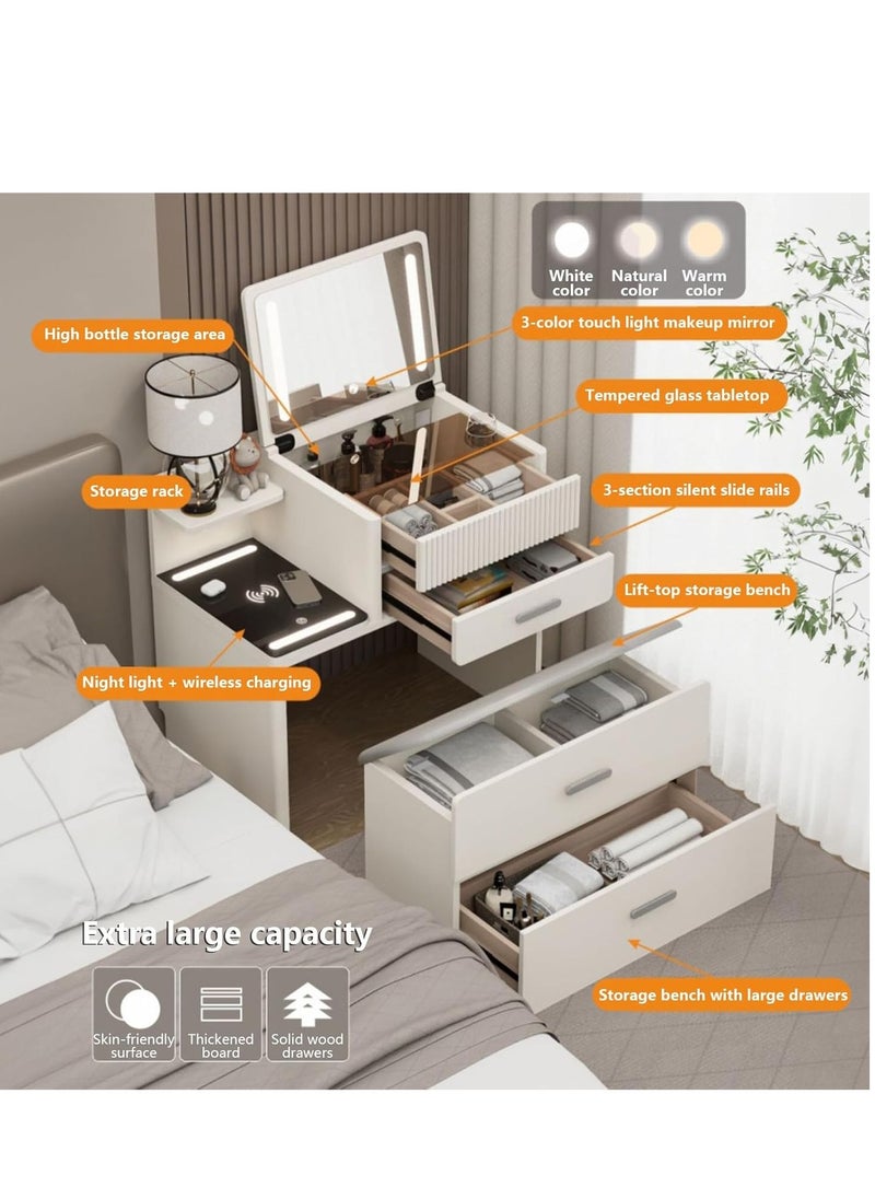 Distinctive Modern Dressing Table, Round Smart Mirror with Strong LED Lighting in three Color Modes, Smart Side Table with Wireless Charging and a Comfort Chair