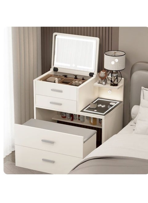 Distinctive Modern Dressing Table, Round Smart Mirror with Strong LED Lighting in three Color Modes, Smart Side Table with Wireless Charging and a Comfort Chair