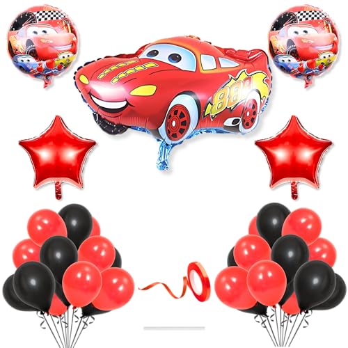 Flyloons Car Theme Decoration for Birthday Red Black Baby Boys Girls Kids 5 Pcs Lightning Macqueen Theme 30 Pcs Metallic Balloons Decoration Kit Set Items 2 Pcs Red Star - Image 1