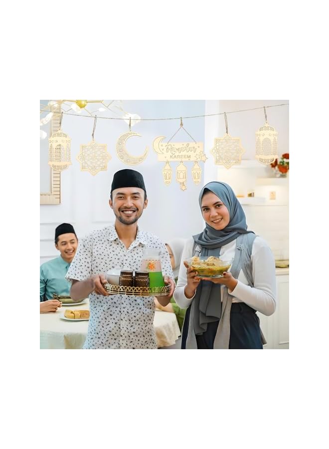 The Bros 8 PCS Wooden Pendant EID Ramadan Decorations for Home, Ramadan Decorations, Muslim Mubarak Hanging Moon Star Wind Light Castle Shape Ornament Eid Al Adha Decoration, Muslim Party Wall Tree Gifts - Image 4