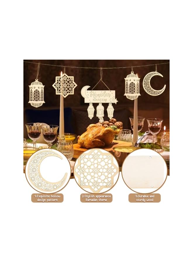The Bros 8 PCS Wooden Pendant EID Ramadan Decorations for Home, Ramadan Decorations, Muslim Mubarak Hanging Moon Star Wind Light Castle Shape Ornament Eid Al Adha Decoration, Muslim Party Wall Tree Gifts - Image 3