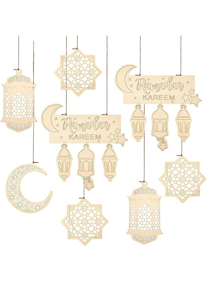 The Bros 8 PCS Wooden Pendant EID Ramadan Decorations for Home, Ramadan Decorations, Muslim Mubarak Hanging Moon Star Wind Light Castle Shape Ornament Eid Al Adha Decoration, Muslim Party Wall Tree Gifts - Image 1