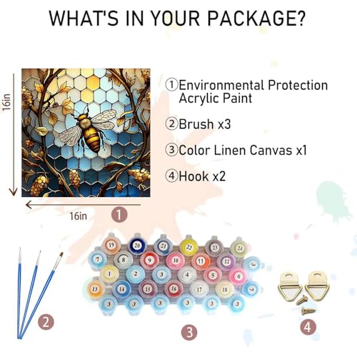 xackcme Bee Paint by Numbers for Adults - Paint by Number on Canvas Without Frame, DIY Oil Painting for Gift Home Wall Decor (16x16 inch) - Image 2