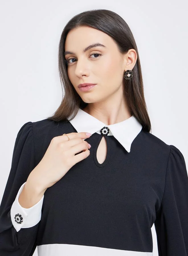 تايك تو Take Two Contrast Collar Balloon Sleeve A-Line Maxi Dress