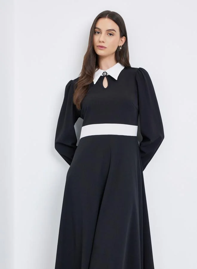 Take Two Take Two Contrast Collar Balloon Sleeve A-Line Maxi Dress