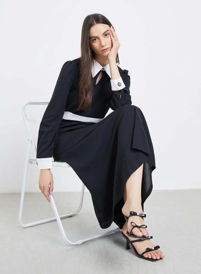 Take Two Take Two Contrast Collar Balloon Sleeve A-Line Maxi Dress