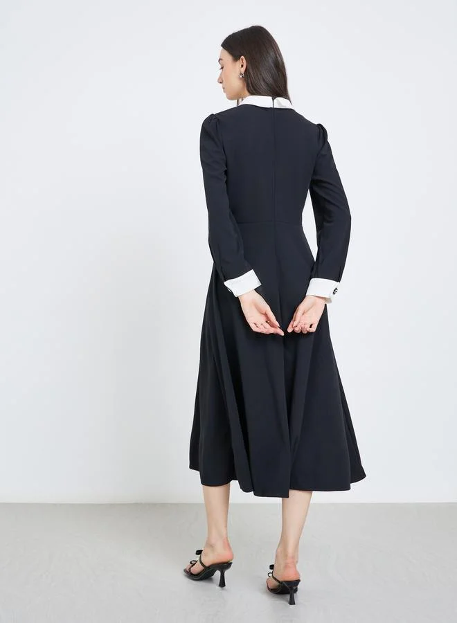 تايك تو Take Two Contrast Collar Balloon Sleeve A-Line Maxi Dress