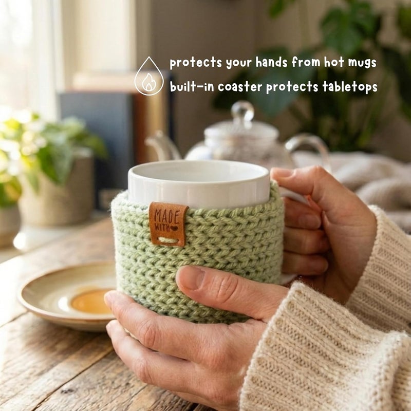 Simply Hooked Mug Cozy with Coaster 2 Pack – Handmade Cup Cozies for Hot Drinks – Fits 11 oz Coffee Mugs – Stocking Stuffers for Women (Sage) - Image 3