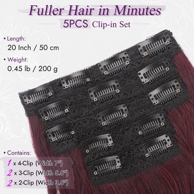 BARSDAR Dark Burgundy Clip in Hair Extensions - 20 Inch Loose Wavy Clip in Hair Extensions for Women, 5 PCS Layered Red Extension Lace Weft Voluminous Soft Synthetic Burgundy Hairpieces - Image 2