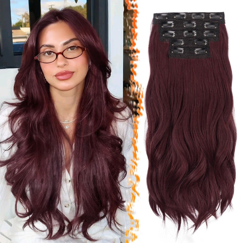 BARSDAR Dark Burgundy Clip in Hair Extensions - 20 Inch Loose Wavy Clip in Hair Extensions for Women, 5 PCS Layered Red Extension Lace Weft Voluminous Soft Synthetic Burgundy Hairpieces - Image 1