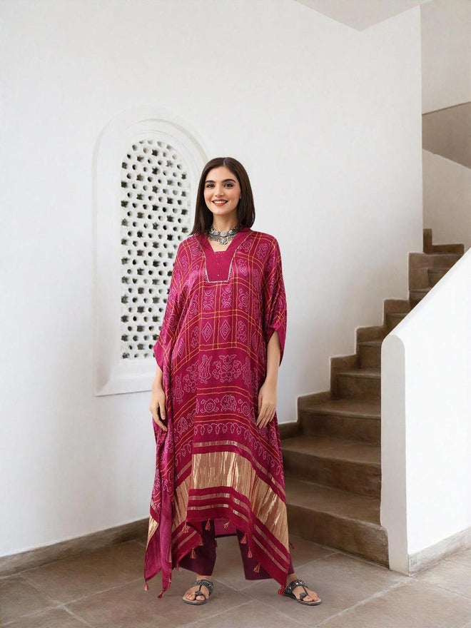 ISHIN Red Viscose Printed Relaxed Fit Midi Dress - Image 1