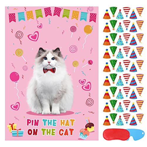 Hxezoc Pin The Hat on The Cat Party Games for Girls Large Cat Games Poster for Kids Cat Themed Birthday Party Decoration Carnival Party Supplies 54 Hat Stickers - Image 1
