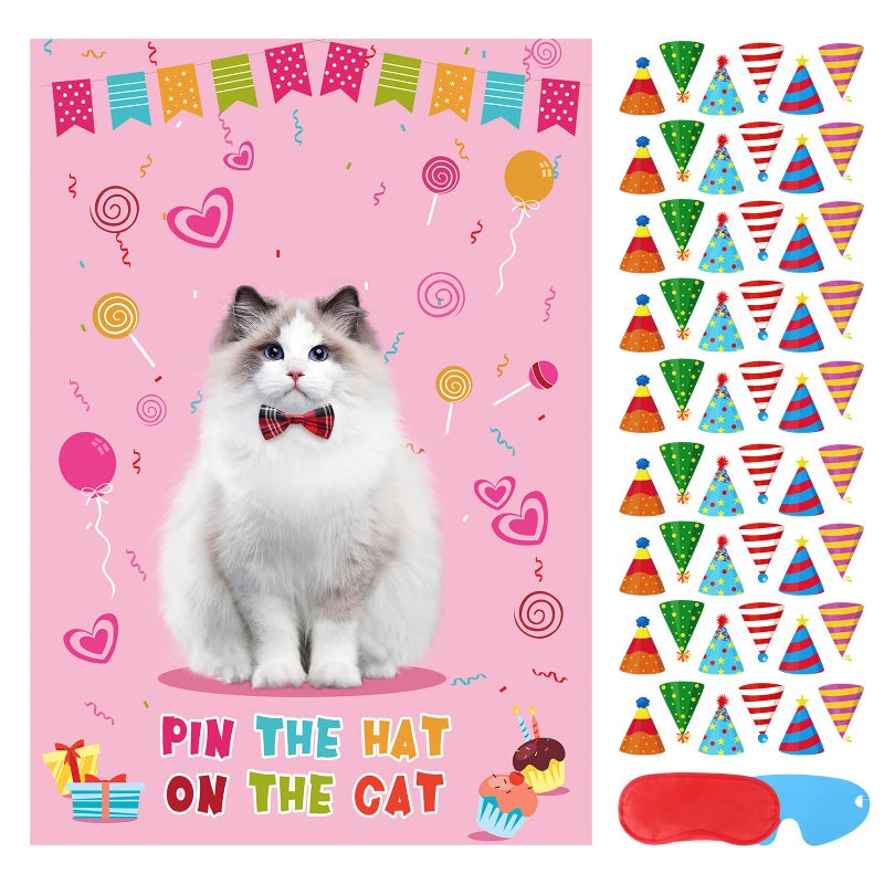Hxezoc Pin The Hat on The Cat Party Games for Girls Large Cat Games Poster for Kids Cat Themed Birthday Party Decoration Carnival Party Supplies 54 Hat Stickers - Image 3