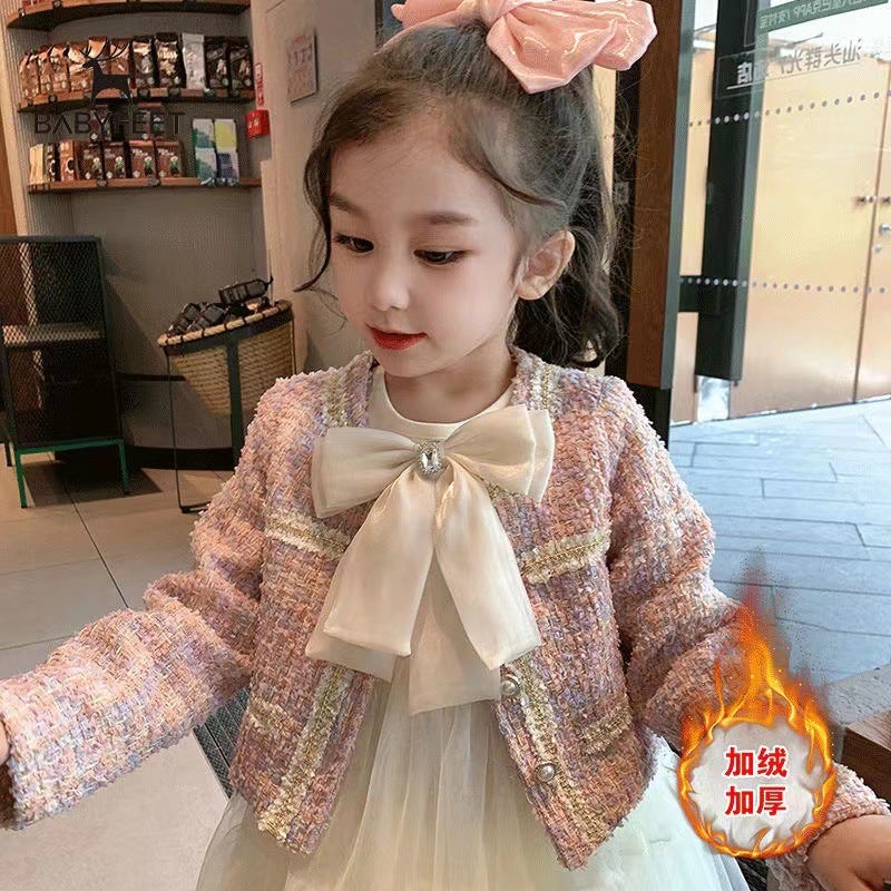 Girls Autumn Winter Dress Set with Thickened Vest Chanel style [fleece-lined]] 