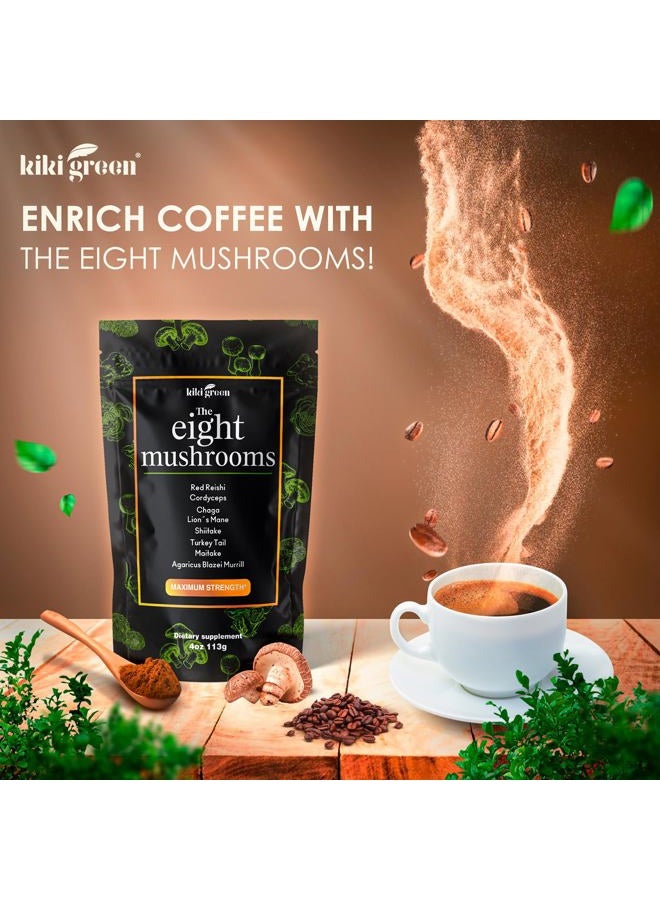 KIKI Green مستخلص مسحوق 8 فطر - 4 أونصات مركب تكيفي للقهوة والسموذي - فطر ليوينغ مان، تشاجا، ريشى، كورديسيبس، ميتاكي، شيتاكي - تركيز وطاقة - Image 3