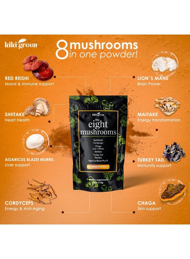 KIKI Green مستخلص مسحوق 8 فطر - 4 أونصات مركب تكيفي للقهوة والسموذي - فطر ليوينغ مان، تشاجا، ريشى، كورديسيبس، ميتاكي، شيتاكي - تركيز وطاقة - Image 2