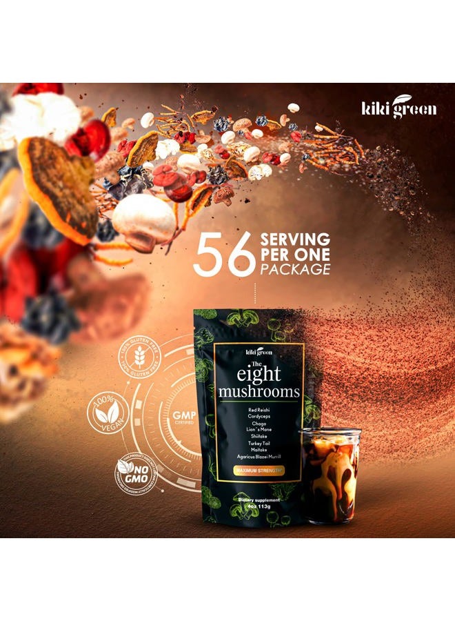 KIKI Green مستخلص مسحوق 8 فطر - 4 أونصات مركب تكيفي للقهوة والسموذي - فطر ليوينغ مان، تشاجا، ريشى، كورديسيبس، ميتاكي، شيتاكي - تركيز وطاقة - Image 4