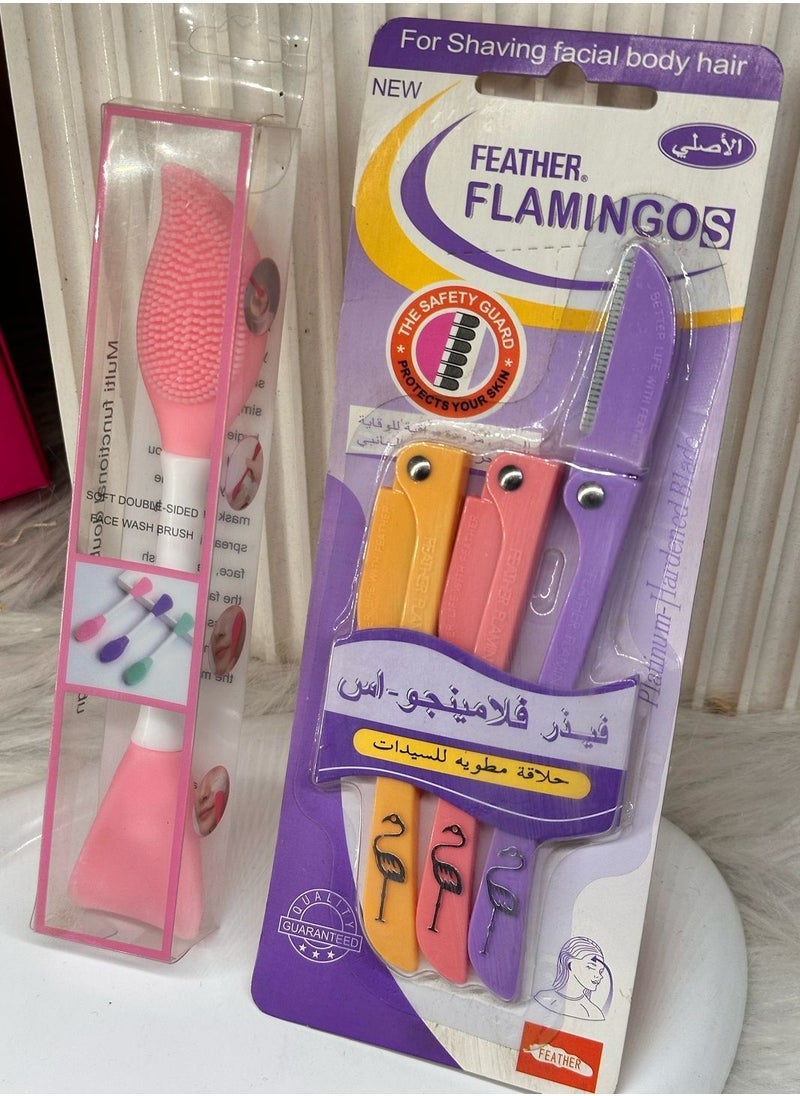 Generic face care set Feather 3 Piece Ladies Razor For Facial And Body Hair Yellow/Pink/Purple + Multifunction Facial Stirring Brush, Soft Silicone Mask Brush, Cosmetics Tools, Face Clean Brush, Face Mask Tools, Double Head Silicone Face Mask Brush random color s3  - Image 2