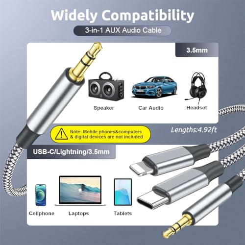 Verilux® 3 in 1 Car Aux Cable, USB C to 3.5mm Audio Cord Car Stereo Aux Cable Compatible with Galaxy S23/S22/S21FE/OnePlus/iPhone 14/13/12/XR - Image 5