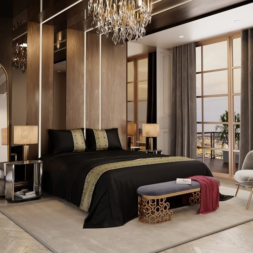 Stoa Paris Satin Bedsheet for Double Bed (228 Cm x 254 cm) with 2 Pillow Covers,300 Tc Premium Bedding Set, Aesthetic Bedsheets, Wedding Gift for Couples, Versailles - Dark Dynasty - Black - Image 1