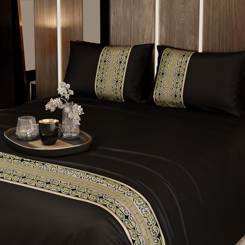 Stoa Paris Satin Bedsheet for Double Bed (228 Cm x 254 cm) with 2 Pillow Covers,300 Tc Premium Bedding Set, Aesthetic Bedsheets, Wedding Gift for Couples, Versailles - Dark Dynasty - Black - Image 2