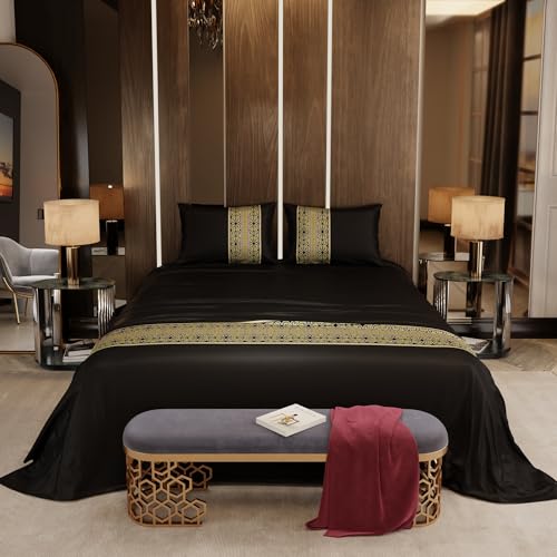 Stoa Paris Satin Bedsheet for Double Bed (228 Cm x 254 cm) with 2 Pillow Covers,300 Tc Premium Bedding Set, Aesthetic Bedsheets, Wedding Gift for Couples, Versailles - Dark Dynasty - Black - Image 3