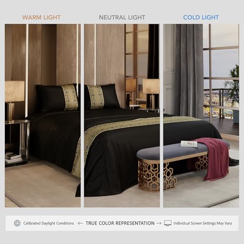 Stoa Paris Satin Bedsheet for Double Bed (228 Cm x 254 cm) with 2 Pillow Covers,300 Tc Premium Bedding Set, Aesthetic Bedsheets, Wedding Gift for Couples, Versailles - Dark Dynasty - Black - Image 5