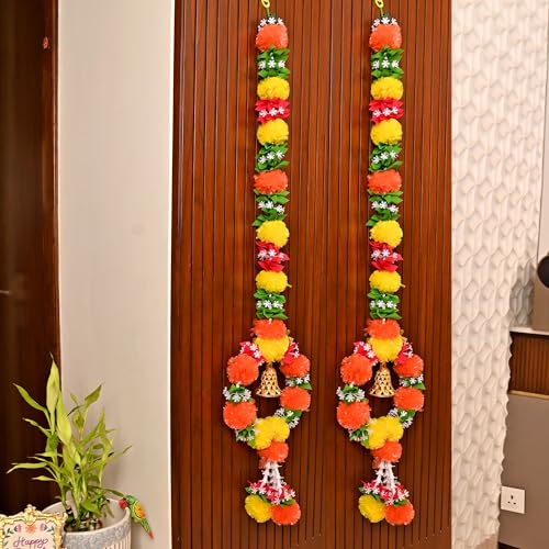 CraftVatika Artificial Marigold Flower for Decoration, Wall Hanging Latkan Marigold Garland Decorations, Diwali Decor Items, Diwali Decoration Items, Fluffy Flowers Strings for Festival Set of 2 - Image 1