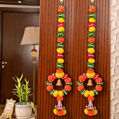CraftVatika Artificial Marigold Flower for Decoration, Wall Hanging Latkan Marigold Garland Decorations, Diwali Decor Items, Diwali Decoration Items, Fluffy Flowers Strings for Festival Set of 2 - Image 3