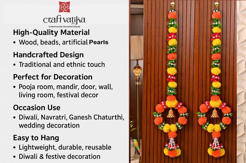 CraftVatika Artificial Marigold Flower for Decoration, Wall Hanging Latkan Marigold Garland Decorations, Diwali Decor Items, Diwali Decoration Items, Fluffy Flowers Strings for Festival Set of 2 - Image 4