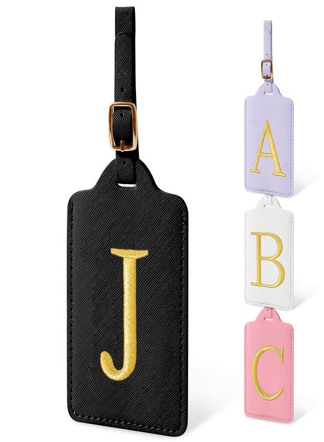 بطاقات أمتعة شخصية تحمل الأحرف الأولى للحقائب، بطاقات أمتعة سفر لطيفة من الجلد الصناعي مطرزة بحروف، بطاقة تعريف الحقيبة بالاسم، بطاقات حقائب للرجال والنساء والأطفال (أسود J) - Image 1