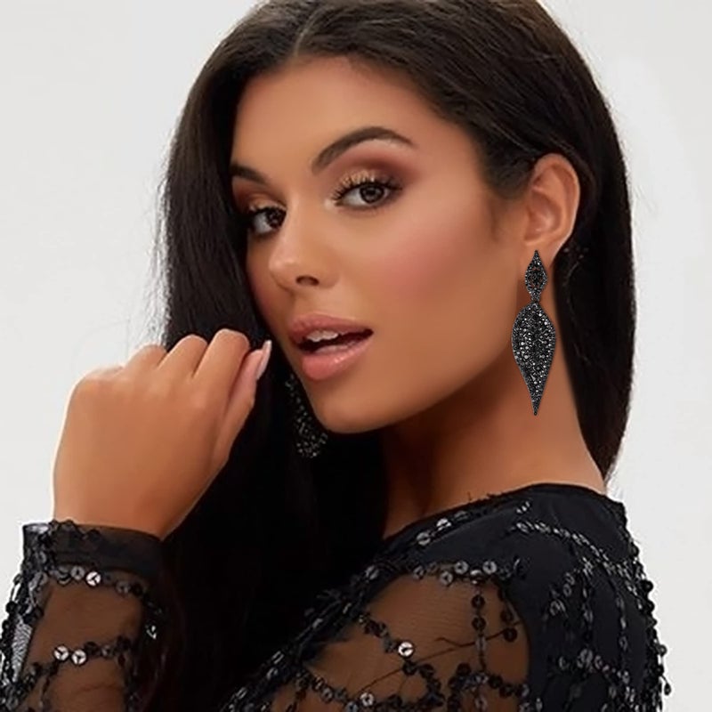 EVER FAITH Vintage Leaf Earring Round Rhinestone Crystal Elegant Party Pierced Drop Dangle Chandelier Earrings for Women Black Black-Tone - Image 2