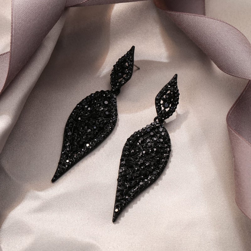 EVER FAITH Vintage Leaf Earring Round Rhinestone Crystal Elegant Party Pierced Drop Dangle Chandelier Earrings for Women Black Black-Tone - Image 4