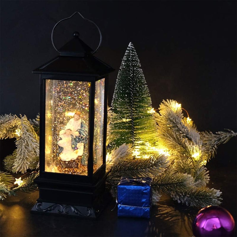 Eldnacele Battery Operated Plug-in Musical Lighted Christmas Water Snowing Glittering Snow Globe Lantern with Timer Christians Nativity Lantern Decor, Holy Family - Image 5