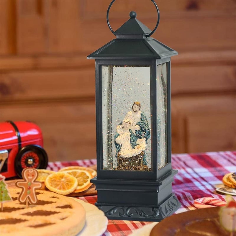Eldnacele Battery Operated Plug-in Musical Lighted Christmas Water Snowing Glittering Snow Globe Lantern with Timer Christians Nativity Lantern Decor, Holy Family - Image 4