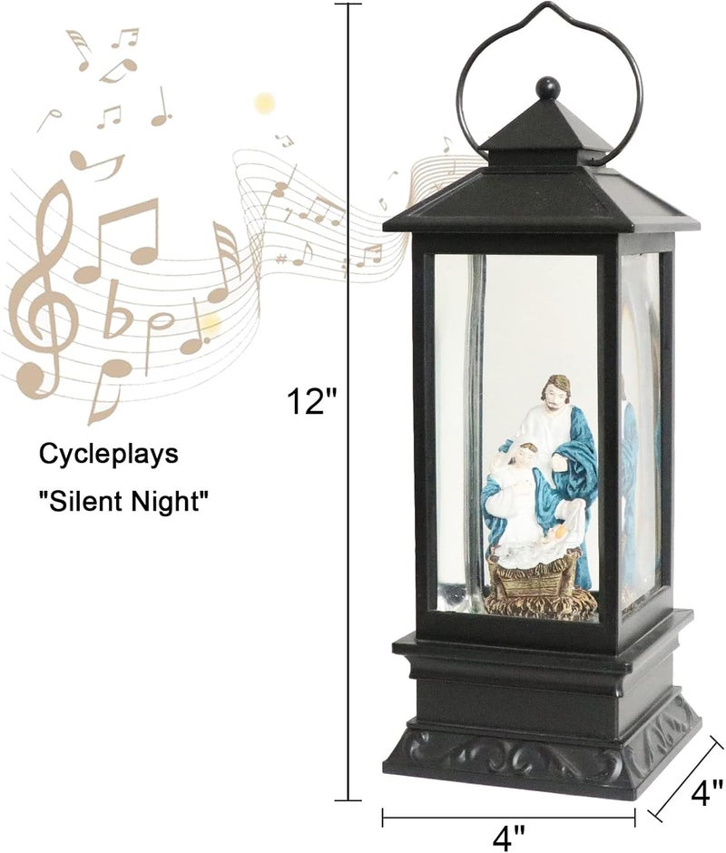 Eldnacele Battery Operated Plug-in Musical Lighted Christmas Water Snowing Glittering Snow Globe Lantern with Timer Christians Nativity Lantern Decor, Holy Family - Image 2
