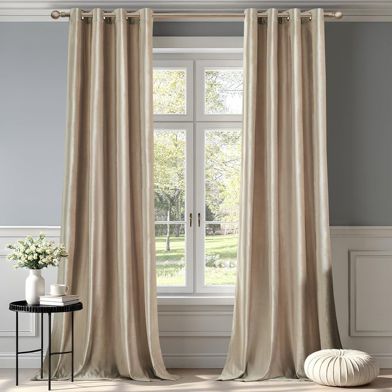Bulbul Champagne Velvet Curtains 84 inch: Beige Luxury Elegant Living Room Curtain - Modern Light Filtering Thermal Insulated Soundproof Privacy Room Darkening Soft Drapes for Classical Bedroom Set of 2 - Image 1