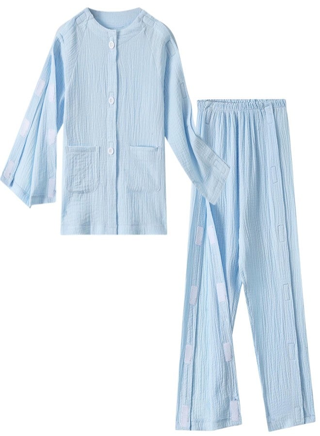 AUSTYLCO Children Bedridden Patient Clothing Cotton Magic Stick Full Opening Post-operative Set Suitable for Bedridden and Mobility-impaired Blue - Image 1
