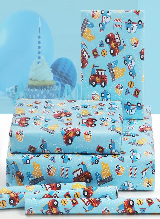 NEPOG Red Fire Trucks and Police Cars On Blue Wrapping paper for Kids Boys Men, Birthday Wrapping Paper Car Design 6 Sheets Folded Flat 20x30 inches per Sheet for Birthday Party Baby Showers - Image 3