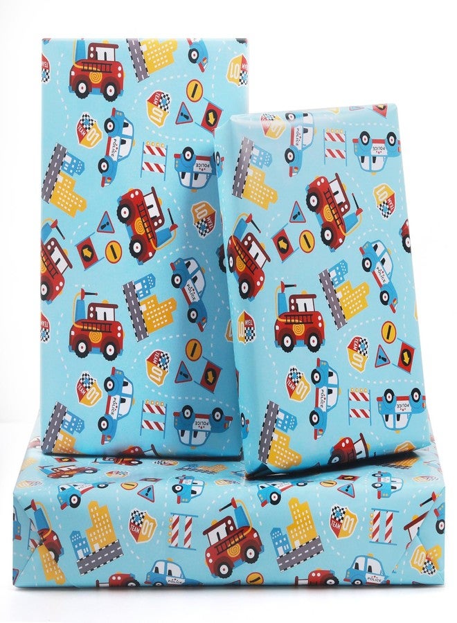 NEPOG Red Fire Trucks and Police Cars On Blue Wrapping paper for Kids Boys Men, Birthday Wrapping Paper Car Design 6 Sheets Folded Flat 20x30 inches per Sheet for Birthday Party Baby Showers - Image 1
